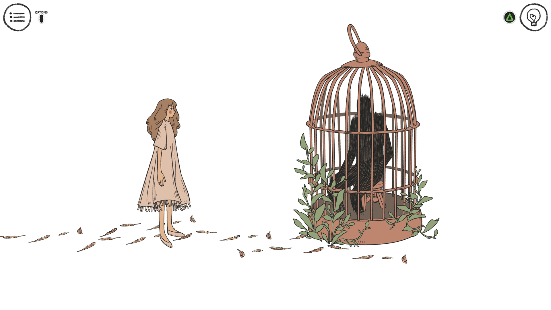 Une fille regarde une silhouette sombre enfermée dans une cage, assise sur un tabouret.